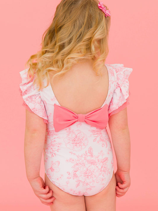 Girls Bubblegum Pink Butterfly Garden Toile Butterfly Sleeve One Piece