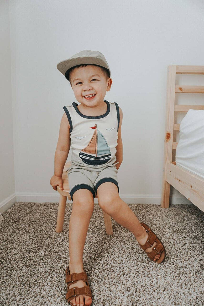 Kids' Organic Appliqué Tank and Bike Short Set in Sailboat