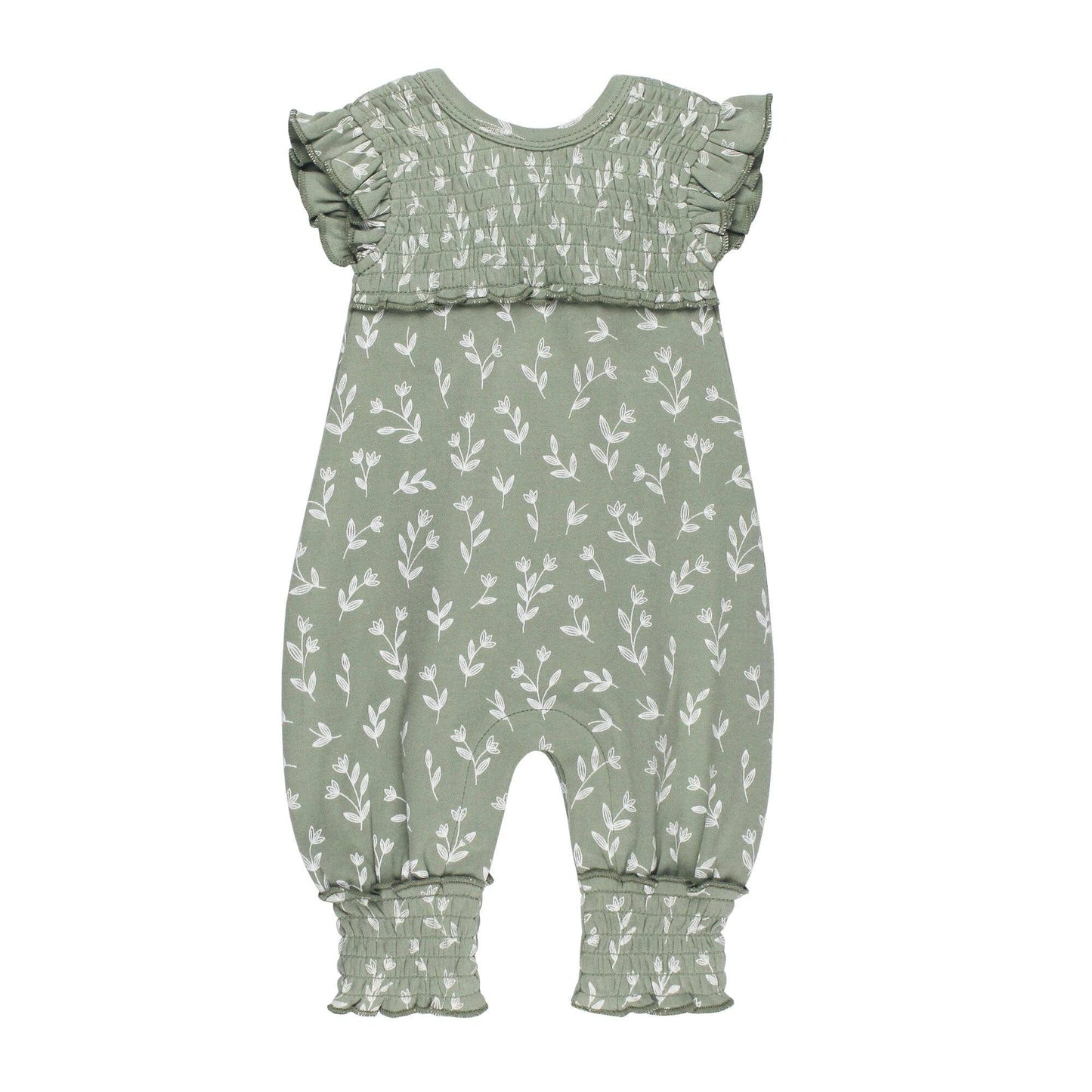Organic Cross-Back Smocked S/Sleeve Romper in Seafoam Bloom