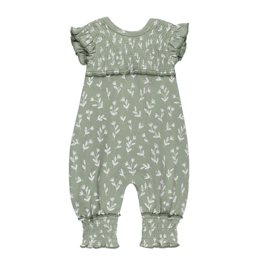 Organic Cross-Back Smocked S/Sleeve Romper in Seafoam Bloom