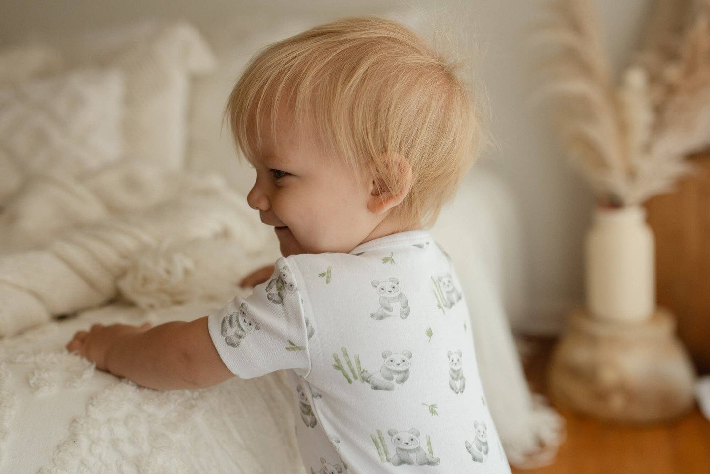 Organic S/Sleeve Romper in Baby Panda