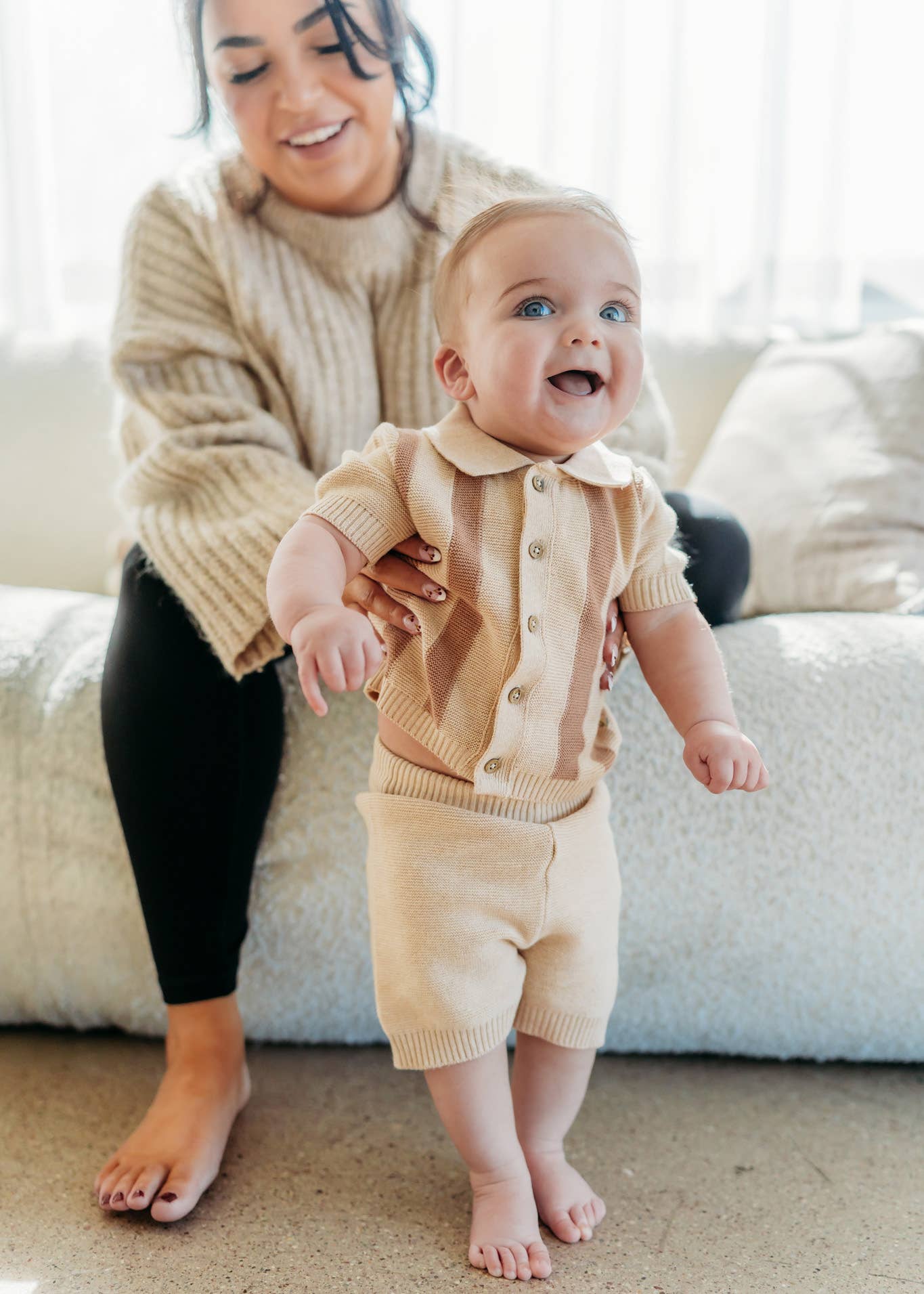 Tennis Collar & Stripe Knit Top & Shorts Set -Organic Cotton