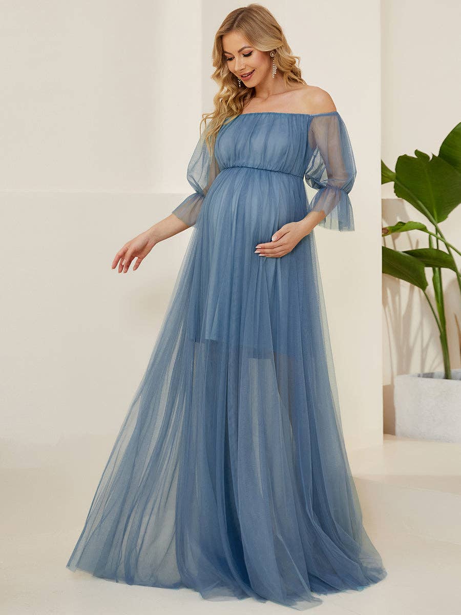 A Line Puff Sleeves Mesh Maternity Dress