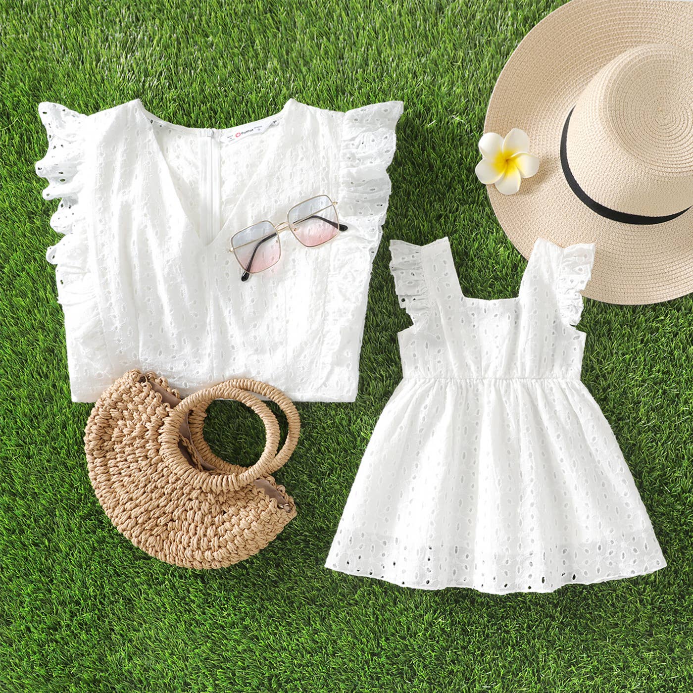 100% Cotton White Hollow-Out Embroidered Dress for Mom & Me