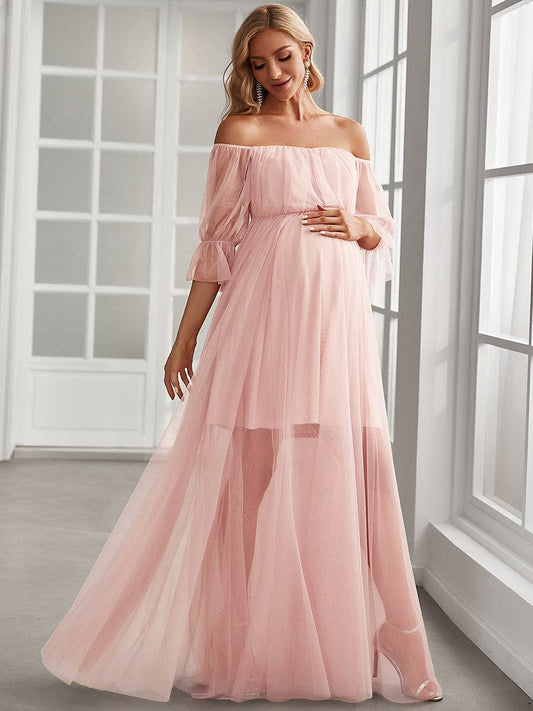 A Line Puff Sleeves Mesh Maternity Dress