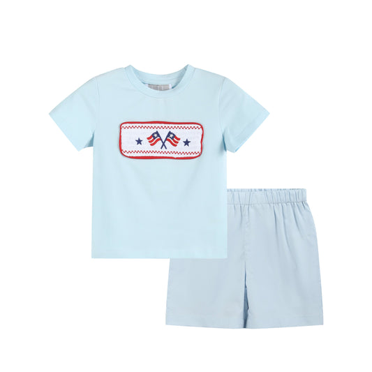 Light Blue USA Flag Smocked T-Shirt and Shorts Set