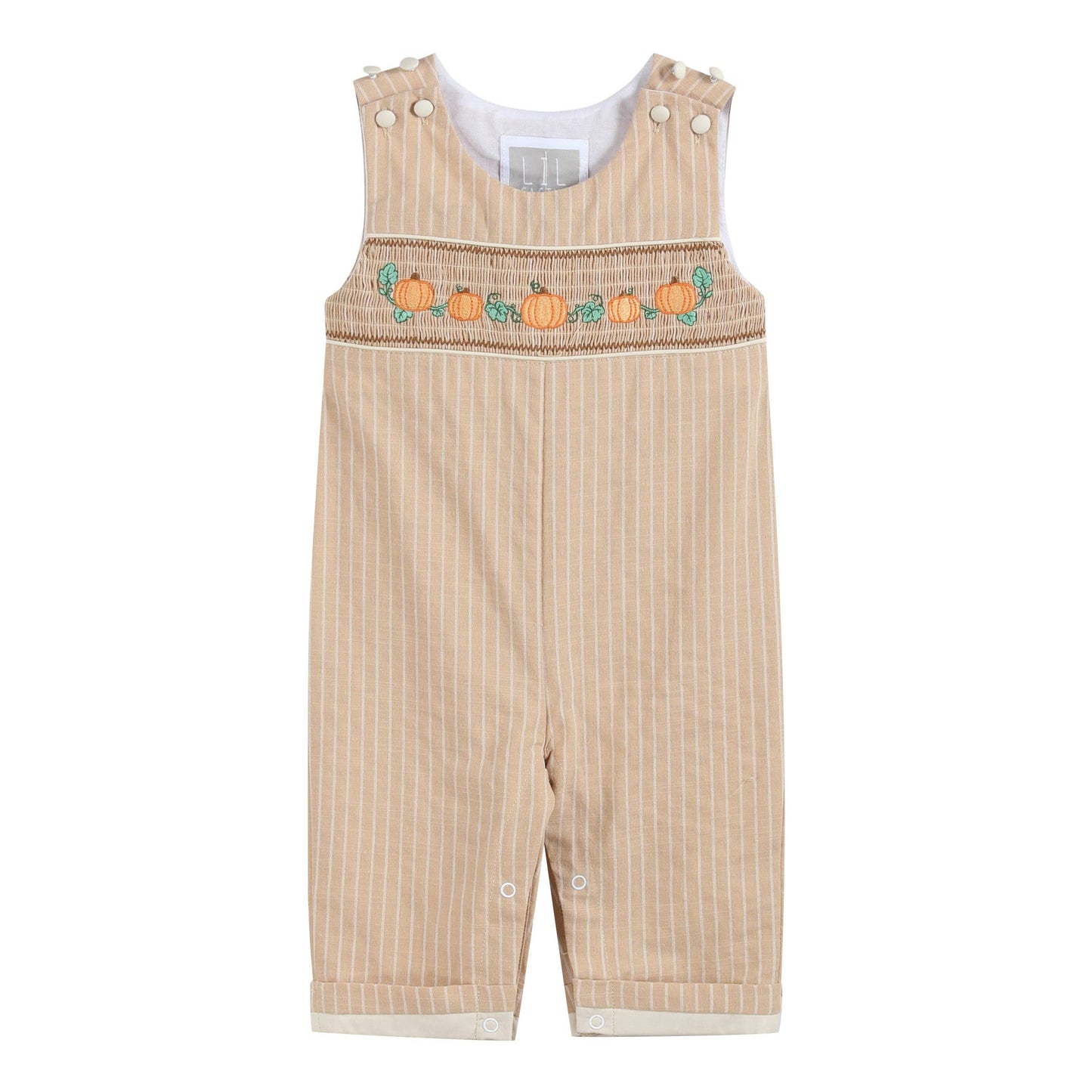Light Brown Pinstripe Pumpkin Smocked Overalls