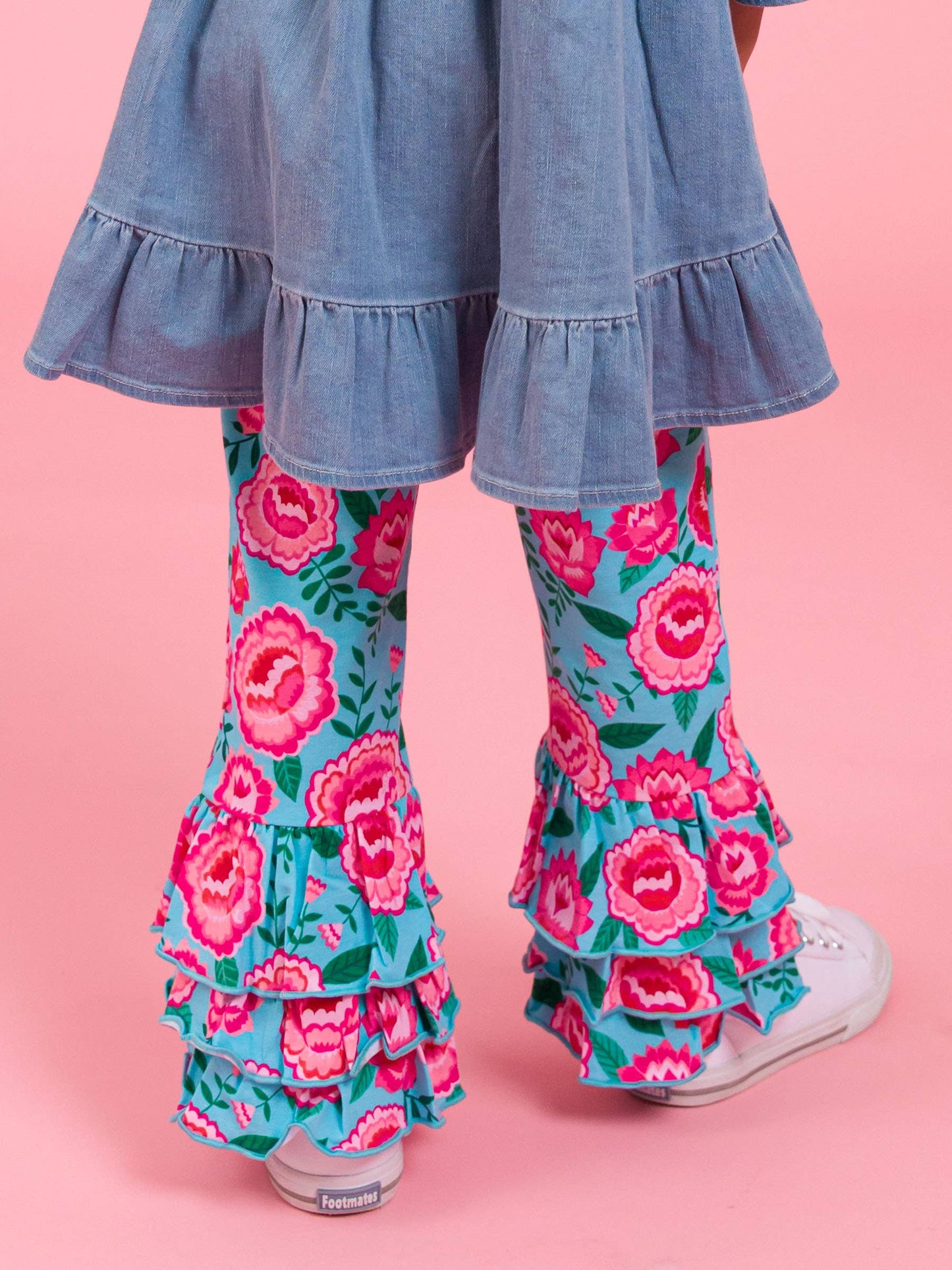 Girls Light Wash Stretch Denim High Low Ruffle Tunic