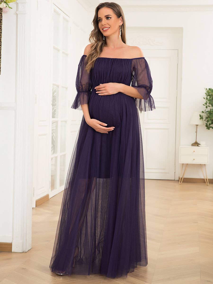 A Line Puff Sleeves Mesh Maternity Dress