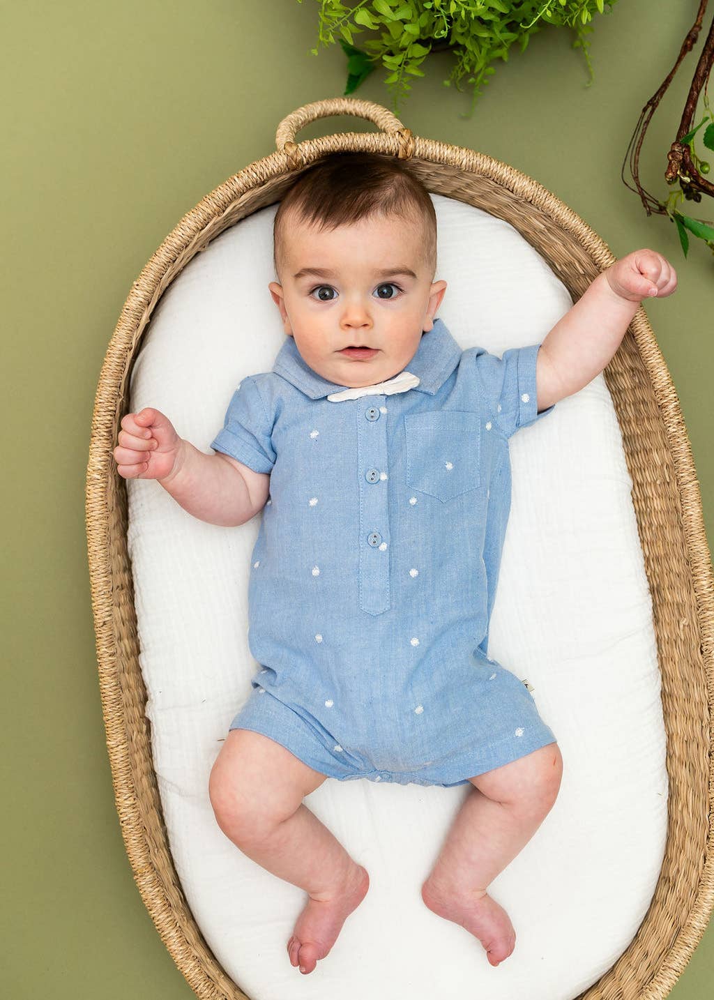 Isla Bowtie Chambray Baby Romper (Organic Cotton)