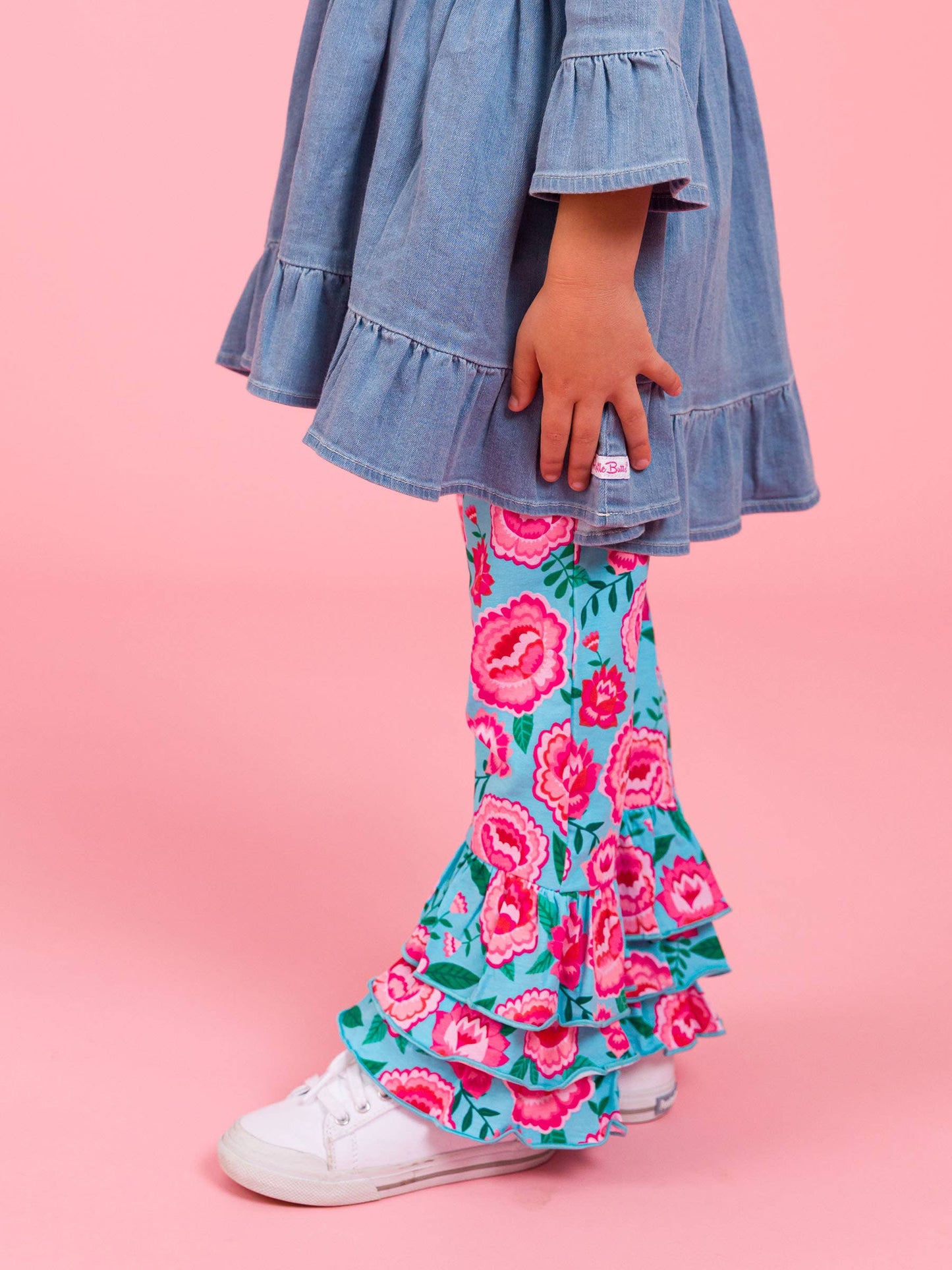 Girls Light Wash Stretch Denim High Low Ruffle Tunic