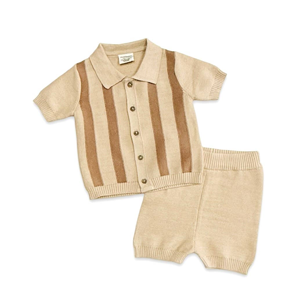 Tennis Collar & Stripe Knit Top & Shorts Set -Organic Cotton