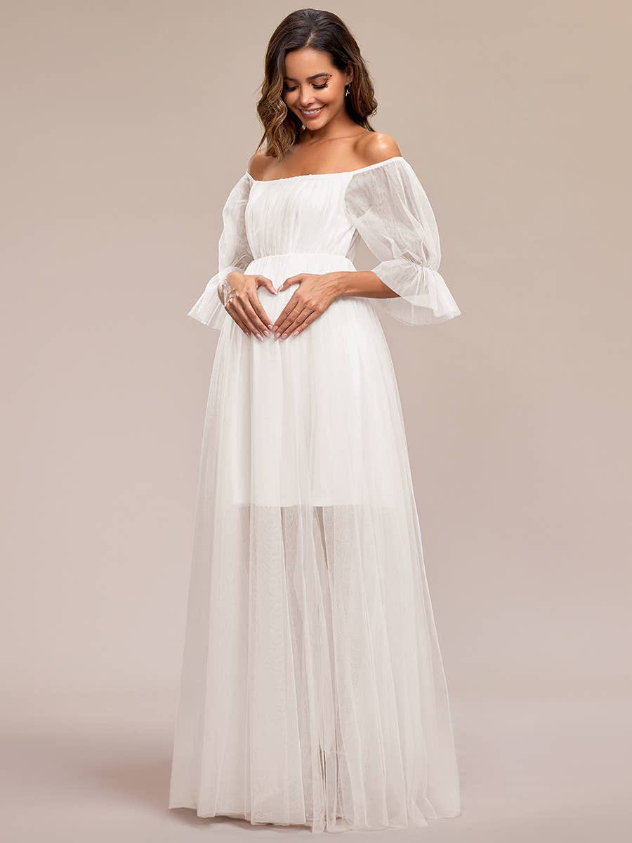 A Line Puff Sleeves Mesh Maternity Dress