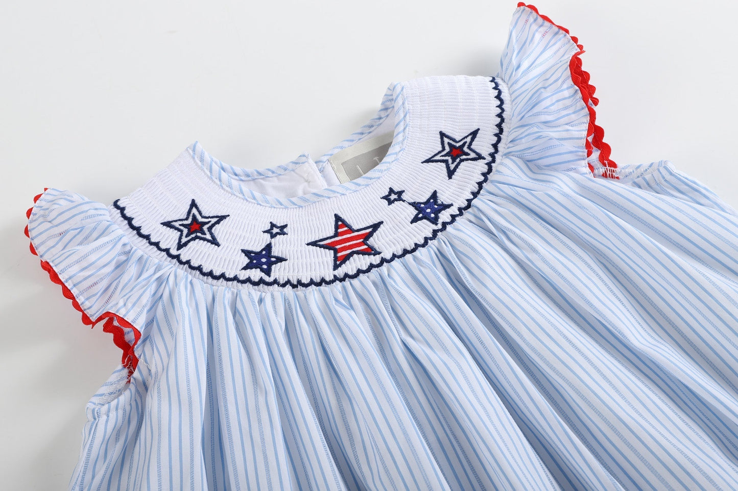 4th of July Blue Striped Stars Smocked Bishop Dress