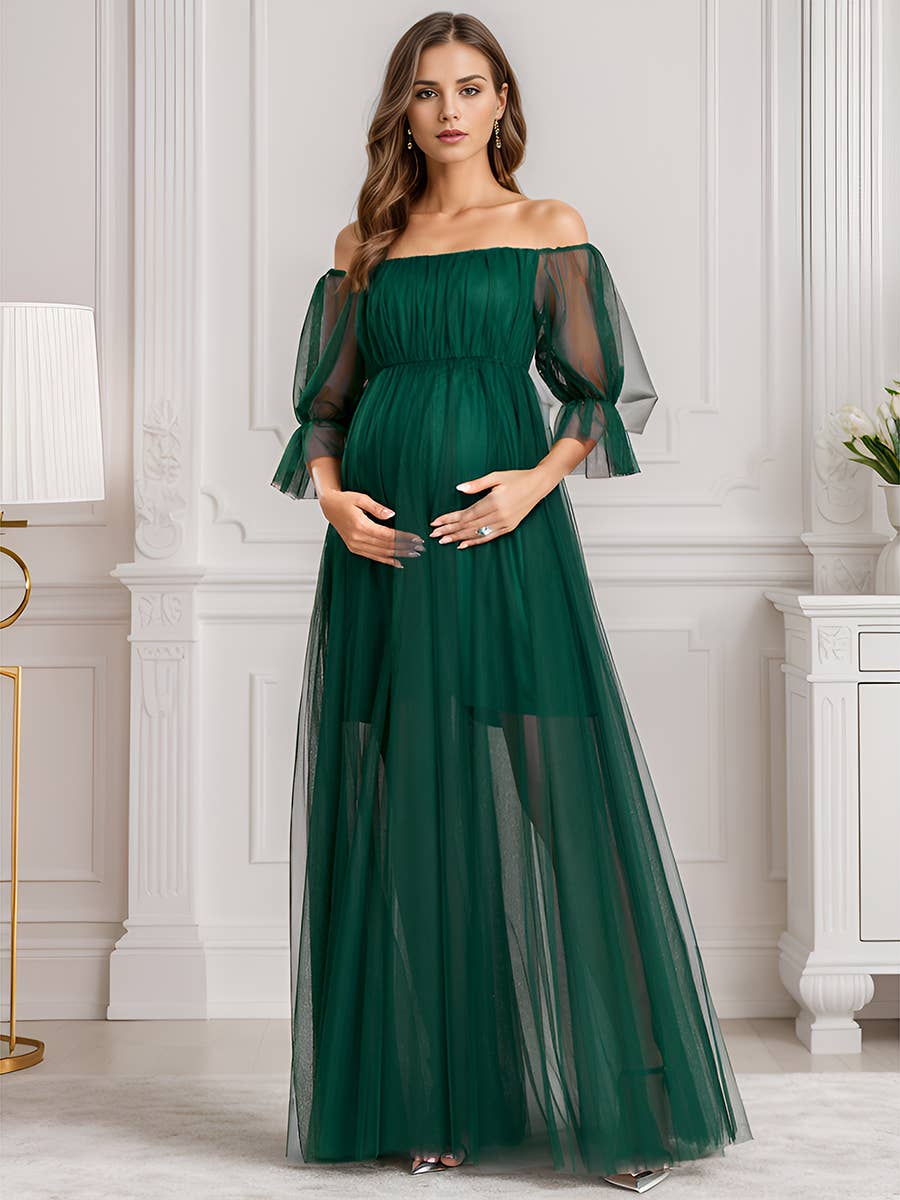 A Line Puff Sleeves Mesh Maternity Dress