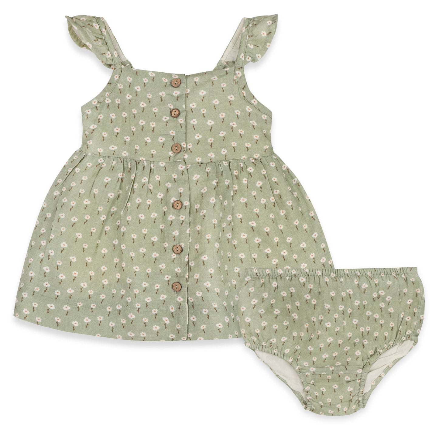 Sage Floral Baby Dress + Bloomer (Organic Muslin)