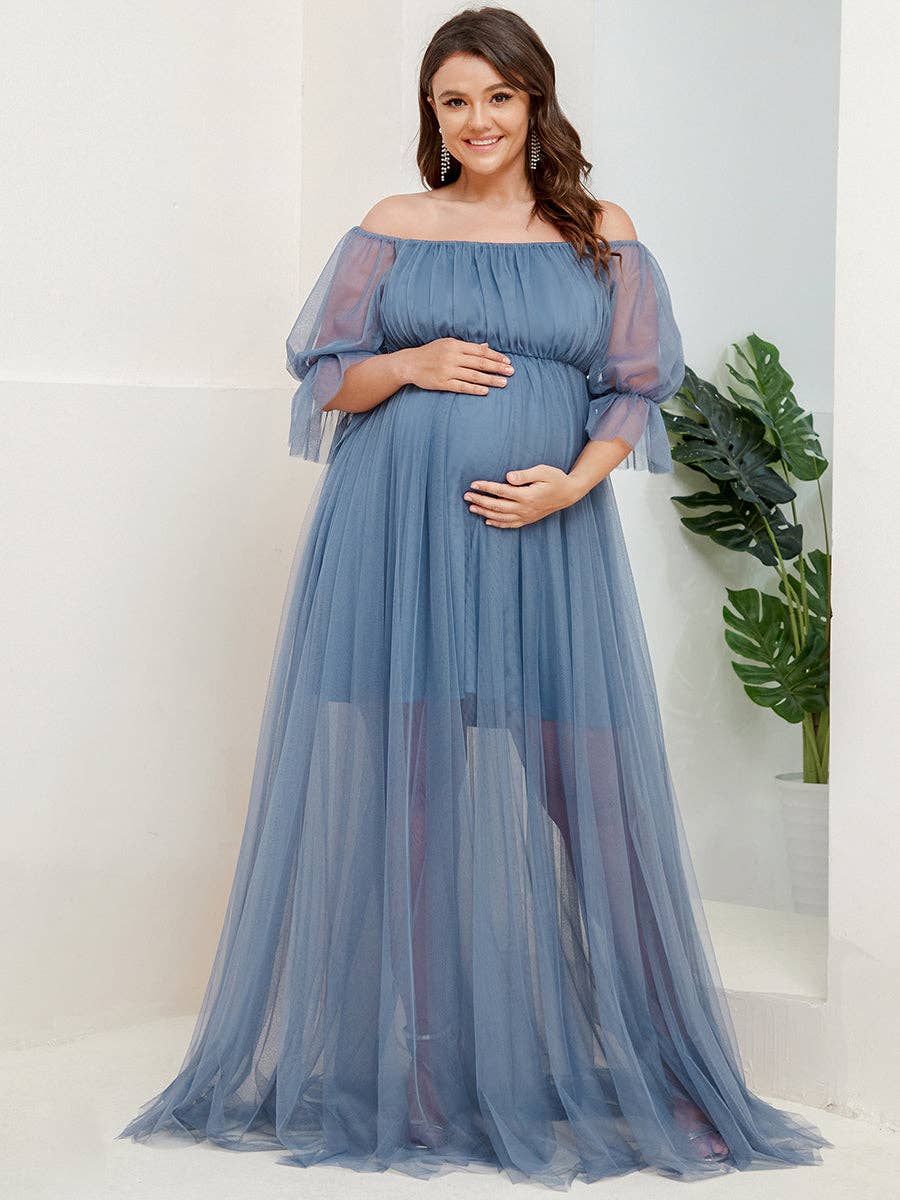 Plus Size Puff Sleeves Mesh Maternity Dress
