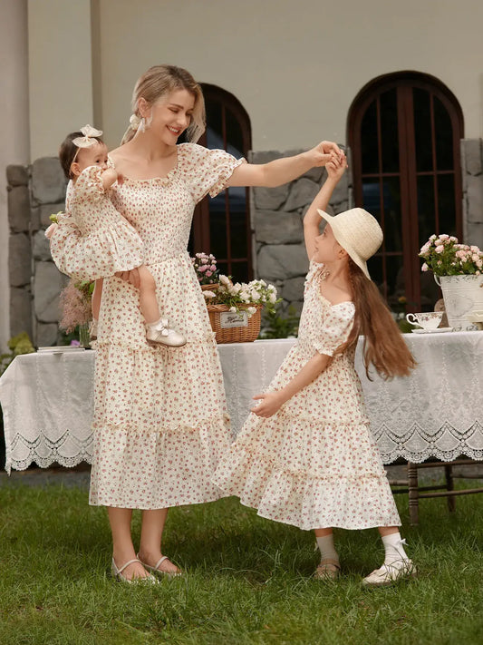 Mom & Me Ditsy Shirred Bodice Tiered Ruffle Trim Dress