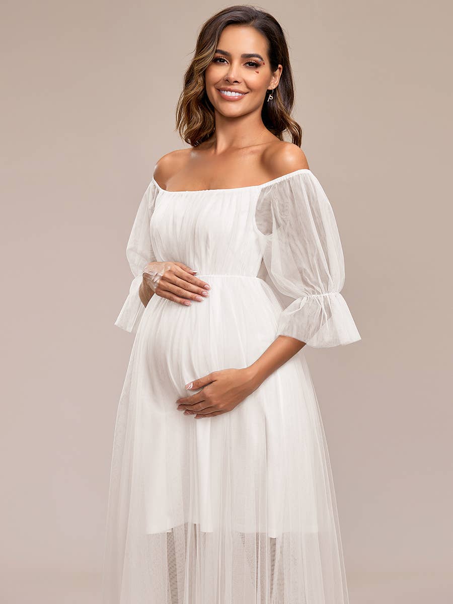 A Line Puff Sleeves Mesh Maternity Dress