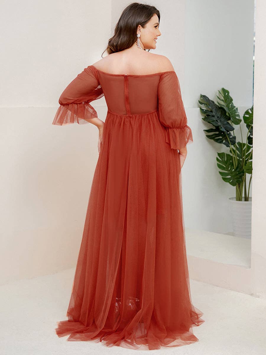 Plus Size Puff Sleeves Mesh Maternity Dress