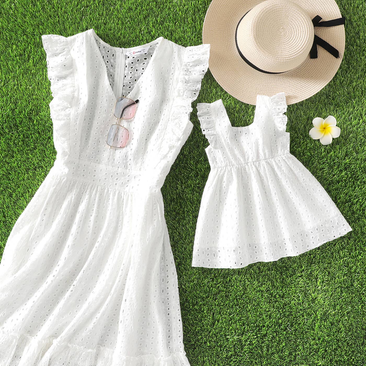 100% Cotton White Hollow-Out Embroidered Dress for Mom & Me