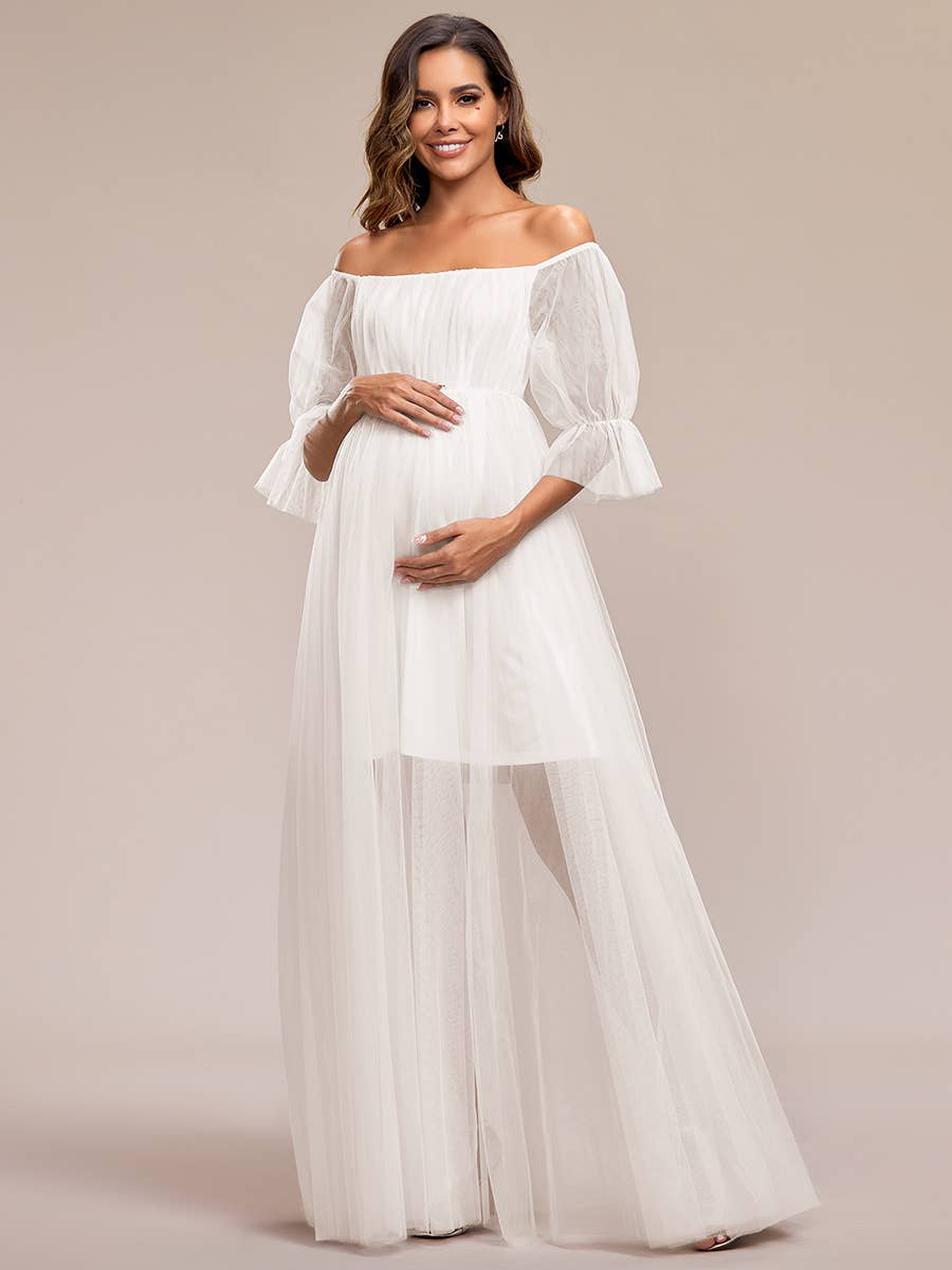 A Line Puff Sleeves Mesh Maternity Dress