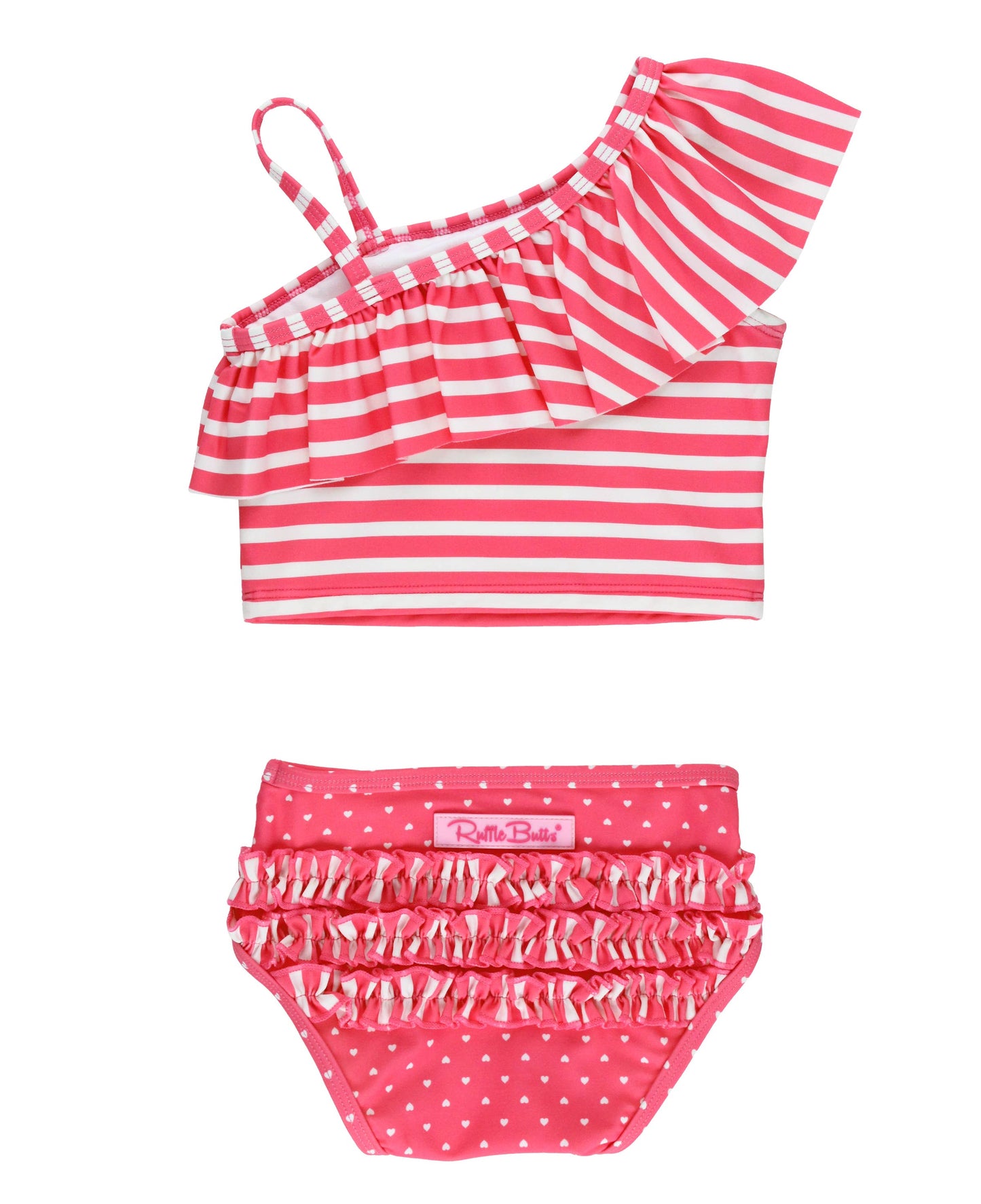 Girls Hot Pink Heart Polka Dot One Shoulder Ruffle Tankini