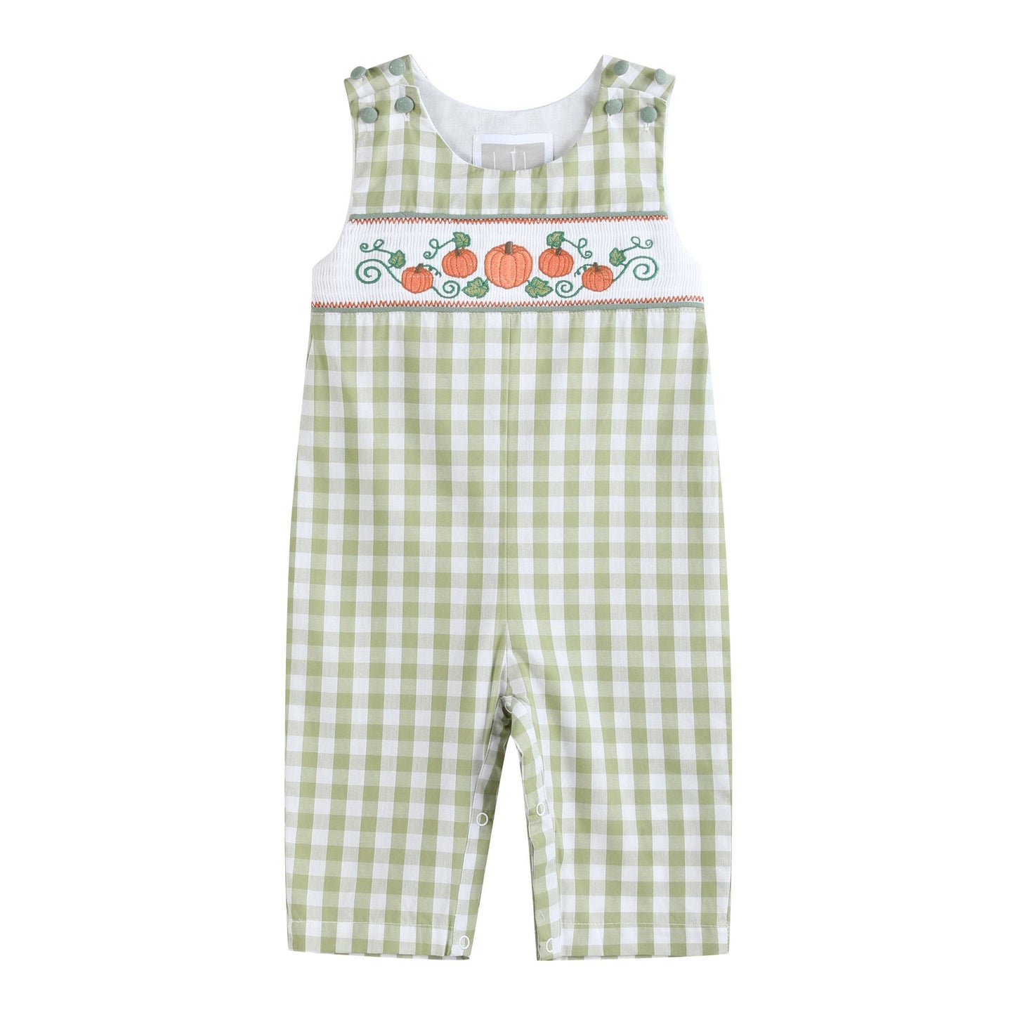 Sage Green Gingham Pumpkin Smocked Overalls