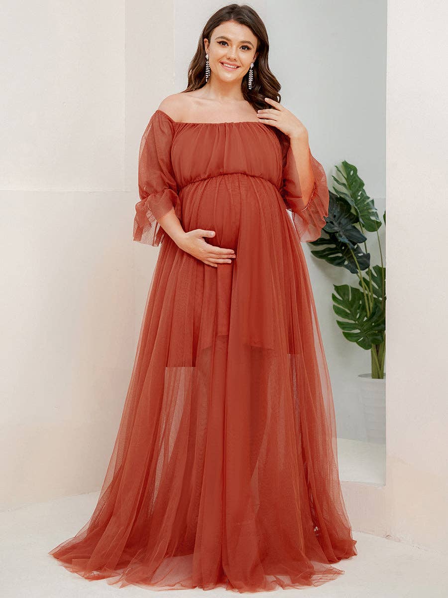 Plus Size Puff Sleeves Mesh Maternity Dress