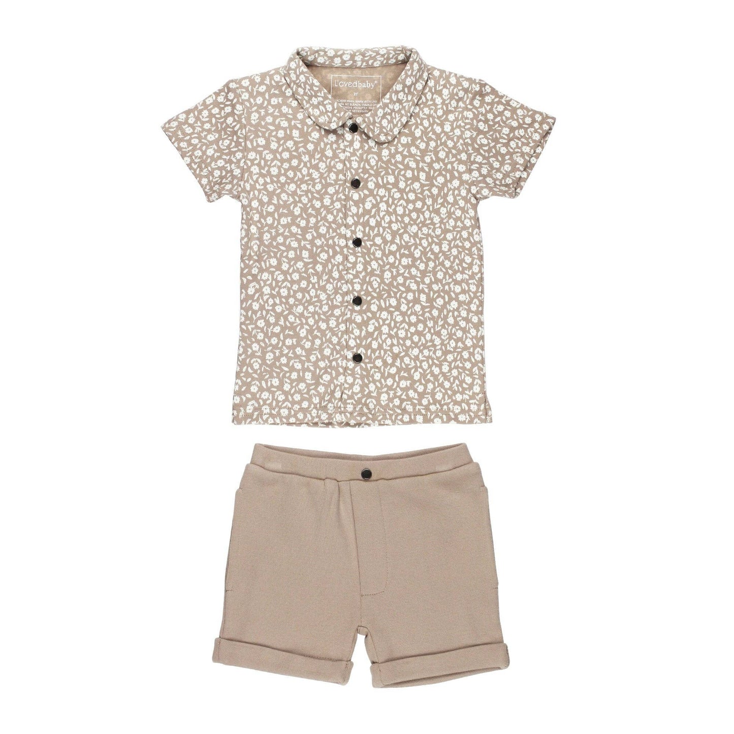 Kids' Organic Button-Up Shirt & Shorts Set in Oatmeal Ditsy Floral