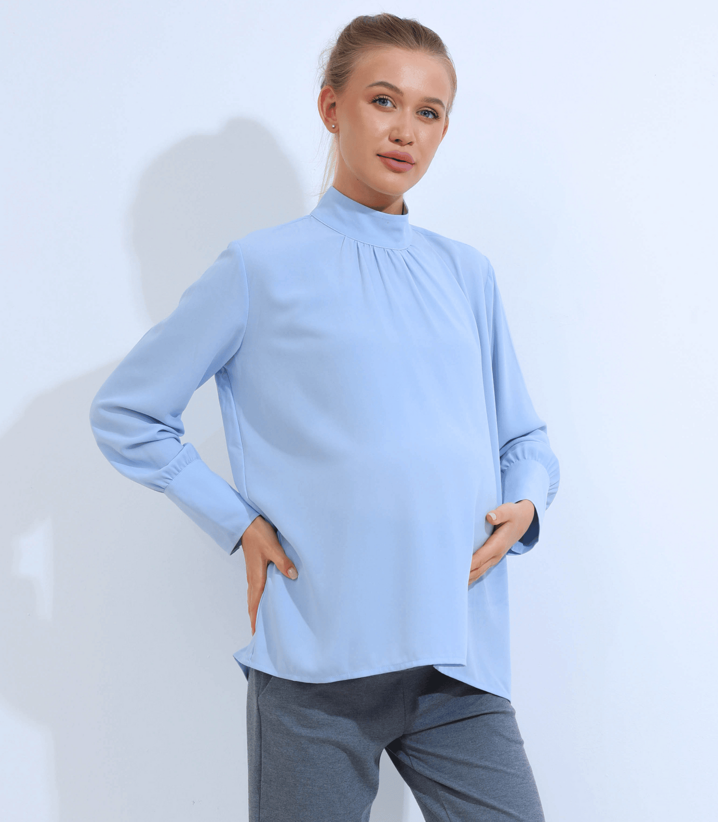 Sky Blue Long Sleeve Mock Neck Maternity Blouse