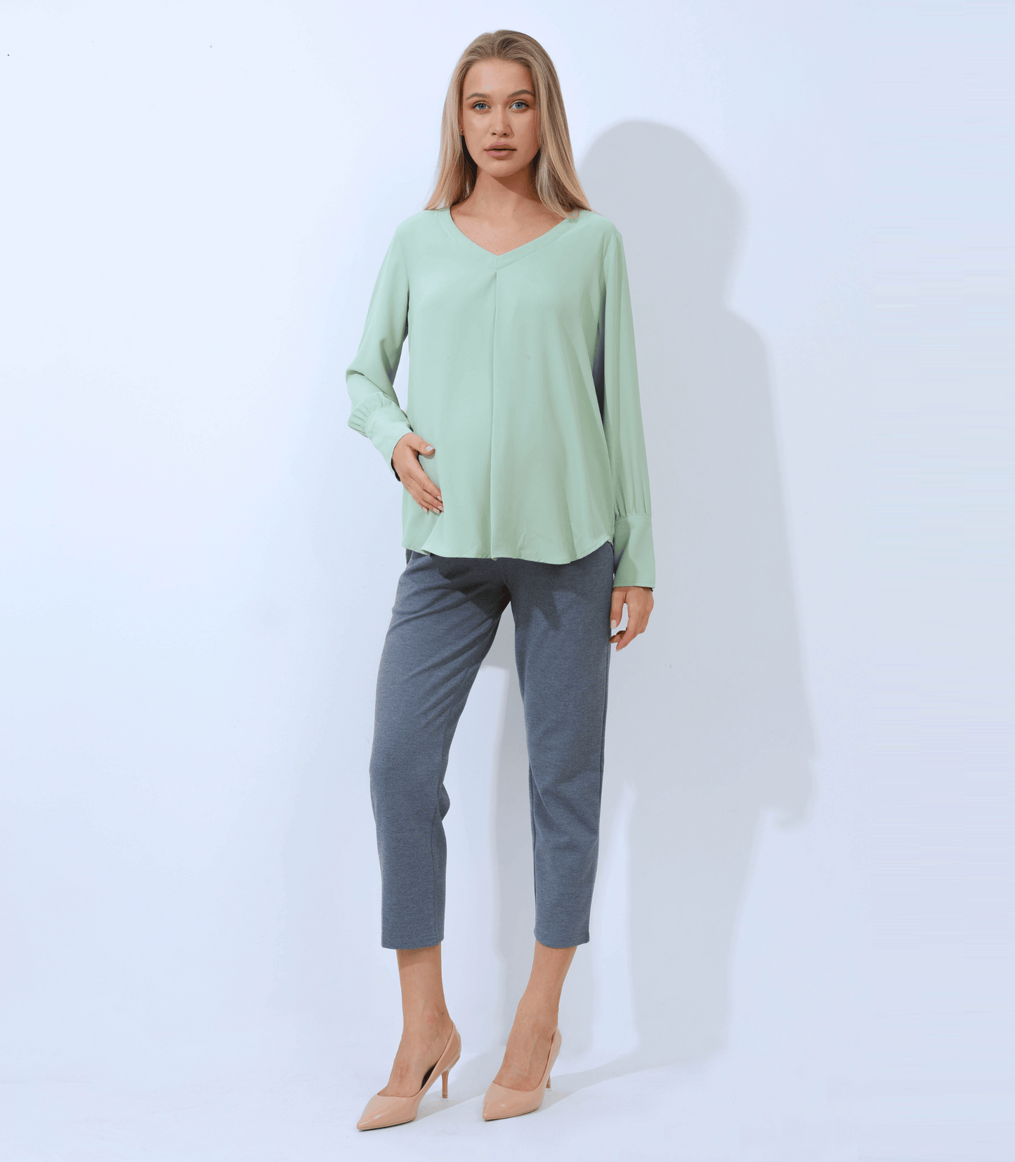 Olive Long Sleeve V-Neck Pleat Maternity Blouse