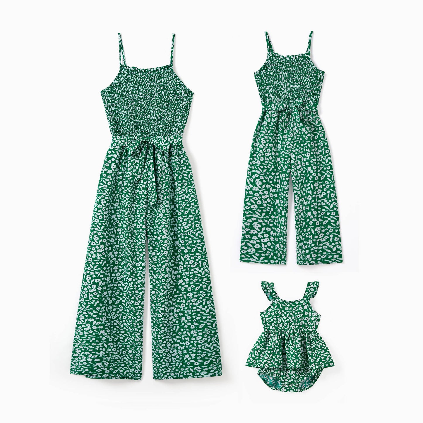 Mommy and Me Matching Floral Green Smocked Strap Jumpsuits
