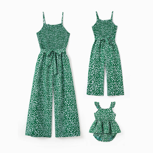 Mommy and Me Matching Floral Green Smocked Strap Jumpsuits