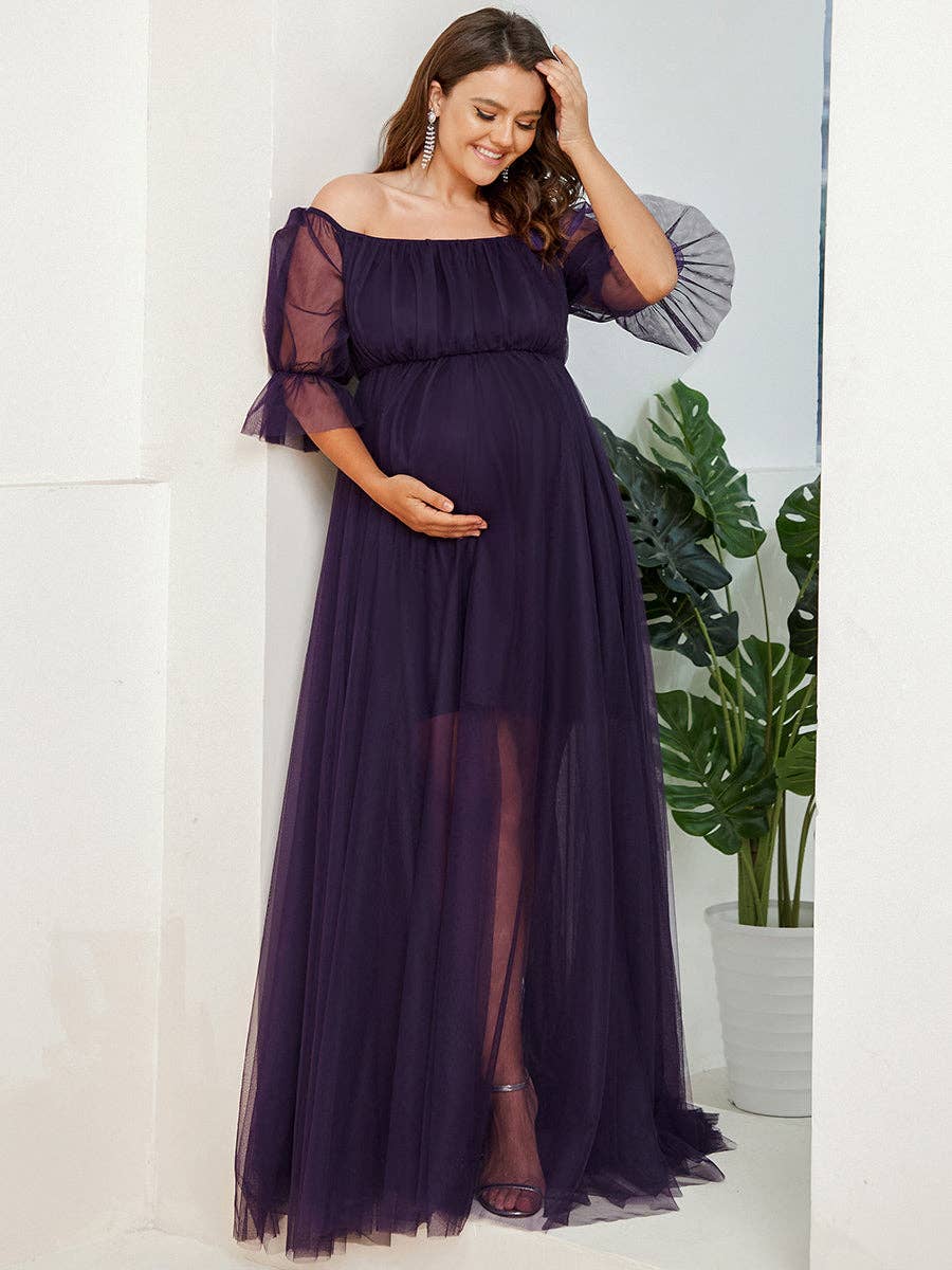 Plus Size Puff Sleeves Mesh Maternity Dress