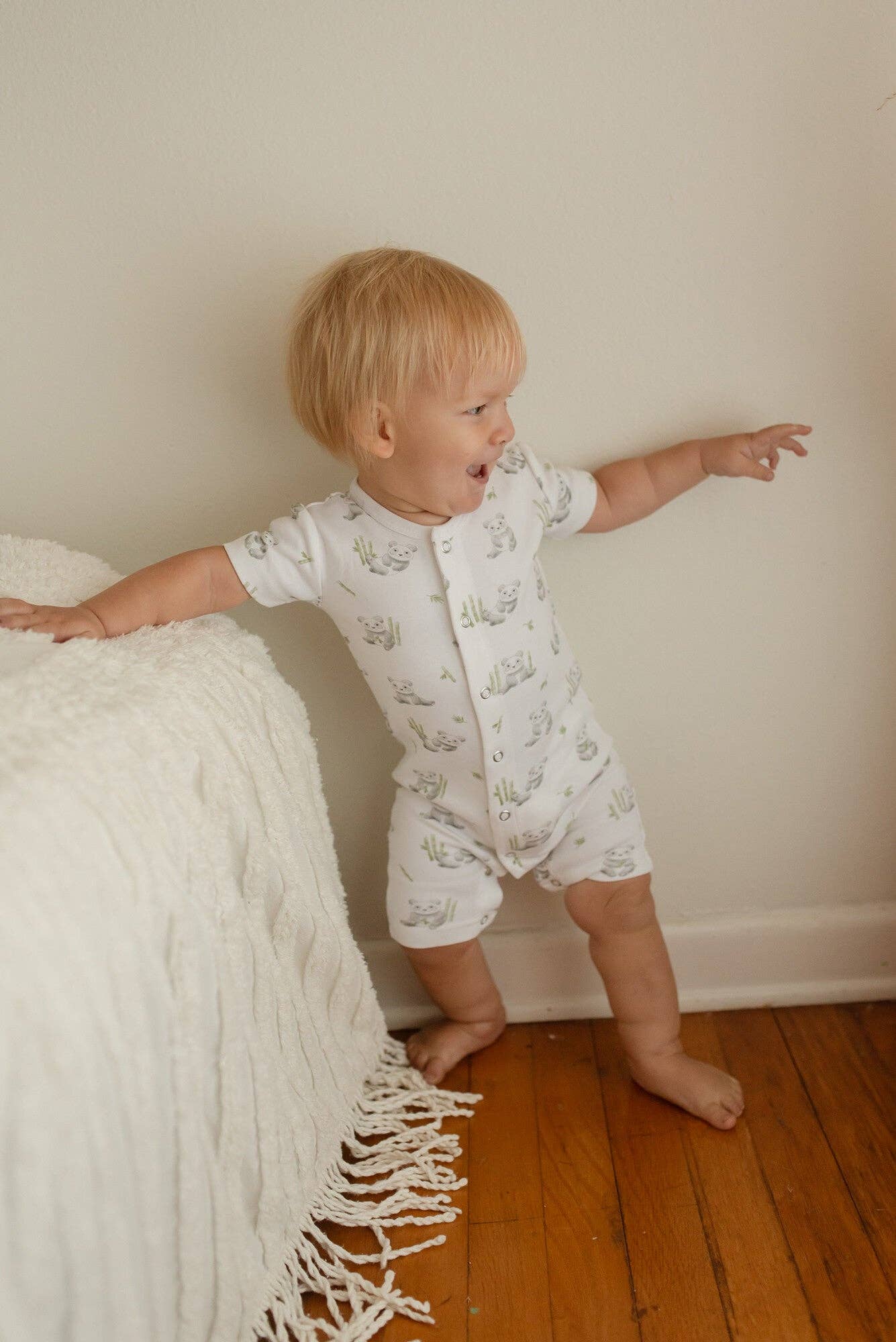 Organic S/Sleeve Romper in Baby Panda