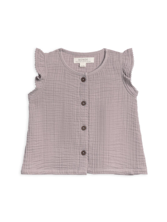 Tessa Muslin Button Front Ruffle Sleeve Top - Lilla