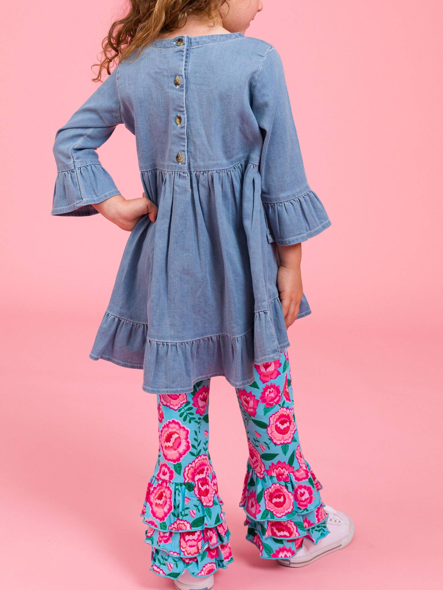 Girls Light Wash Stretch Denim High Low Ruffle Tunic