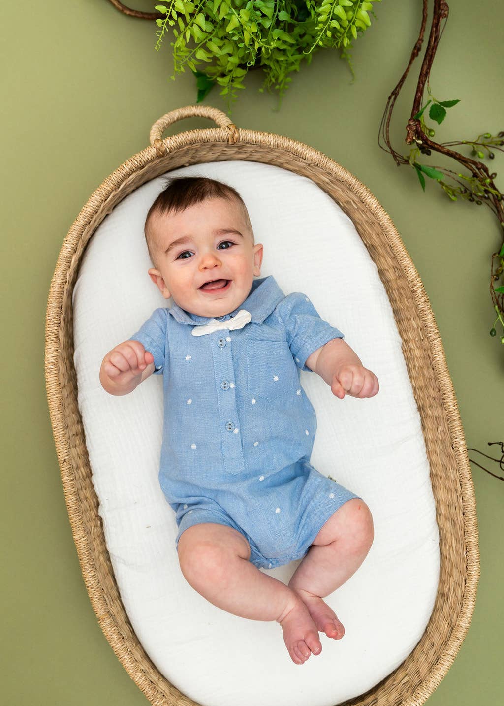 Isla Bowtie Chambray Baby Romper (Organic Cotton)