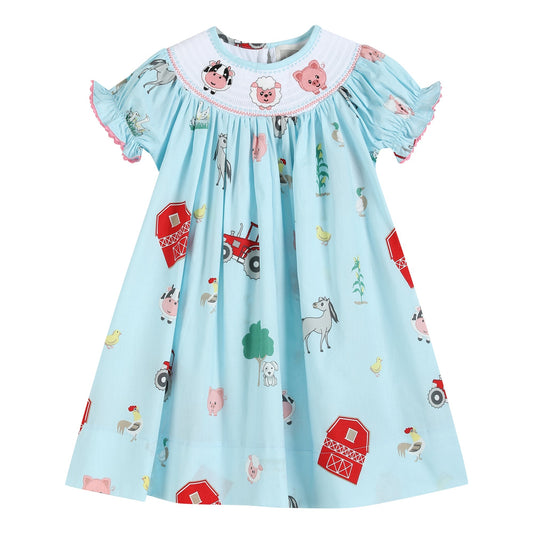 Barnyard Print Farm Animal Smocked Bishop Dress
