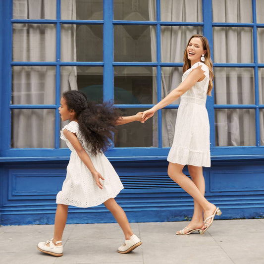 100% Cotton White Hollow-Out Embroidered Dress for Mom & Me