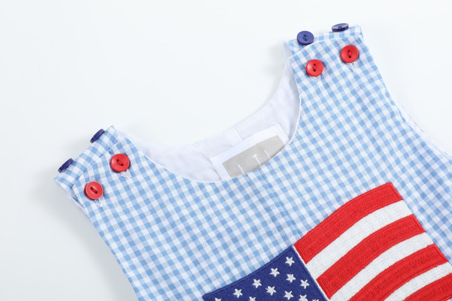 Blue Gingham American Flag Pocket Shortalls
