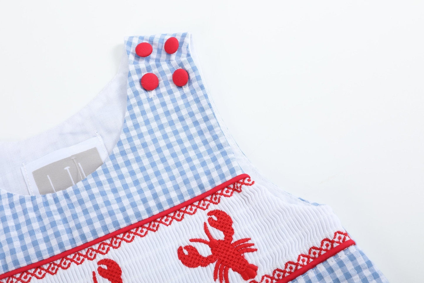 Blue Gingham Crawfish Smocked Shortalls