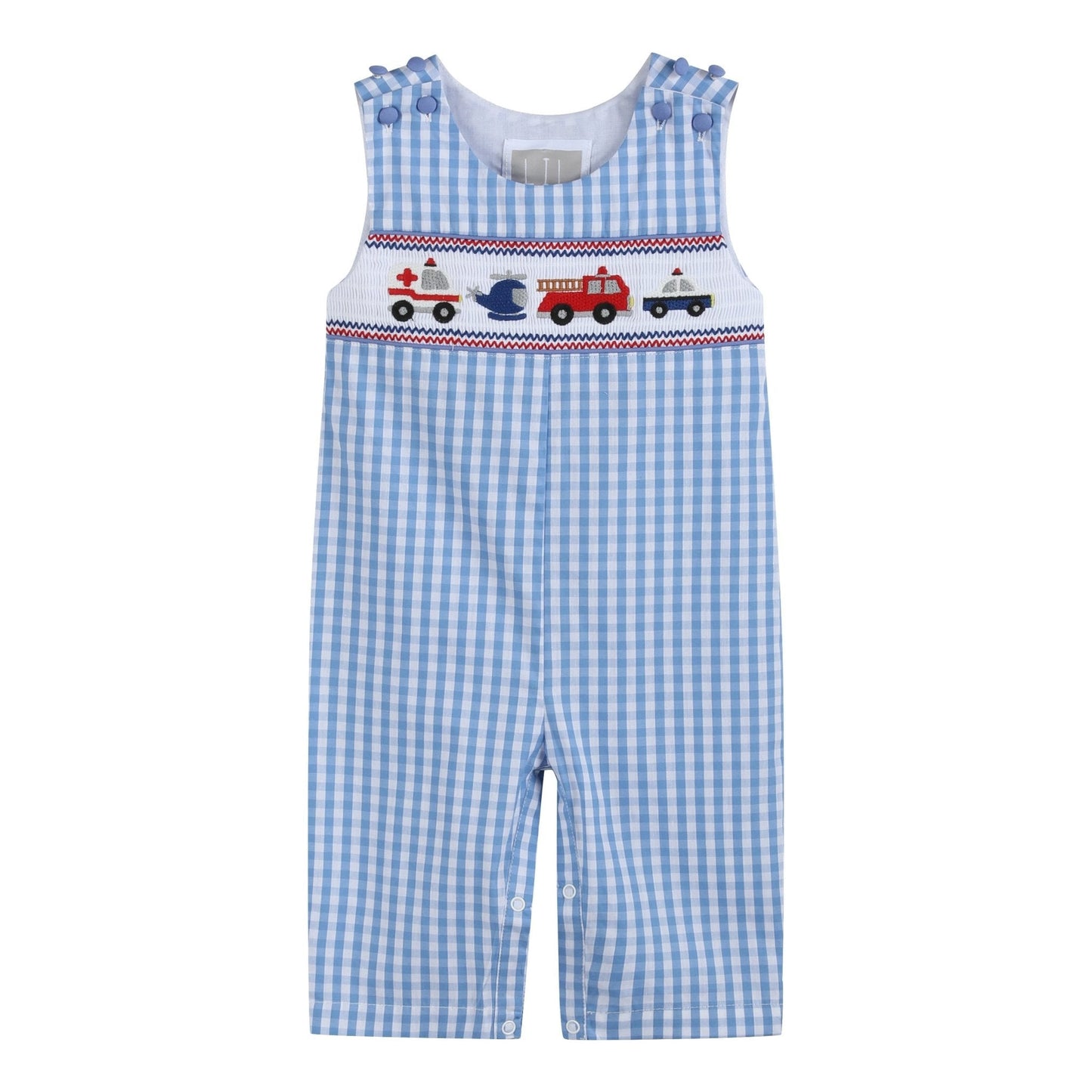 Blue Gingham Emergency Vehicles Smocked Overalls