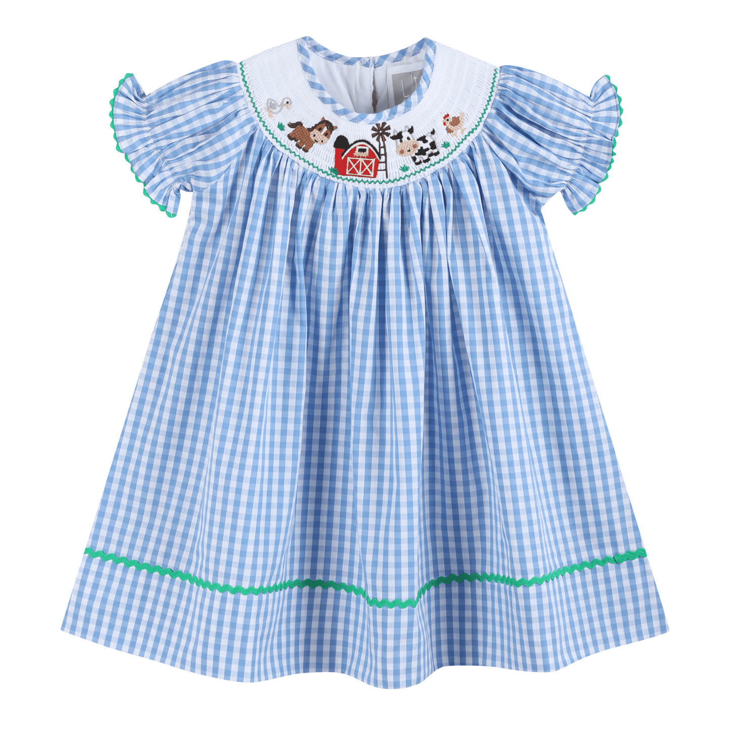 Blue Gingham Farm Smocked Bishop Dress