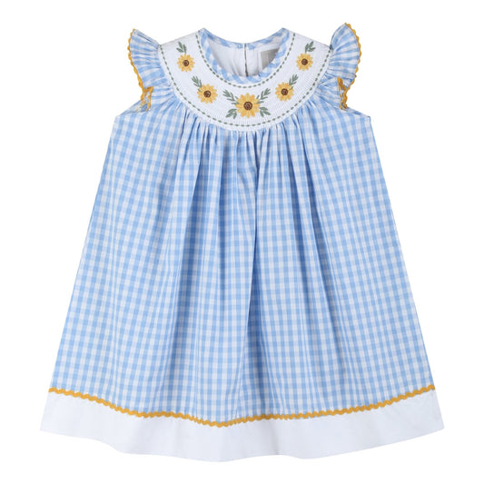 Blue Gingham Sunflower Smocked Bishop Dress