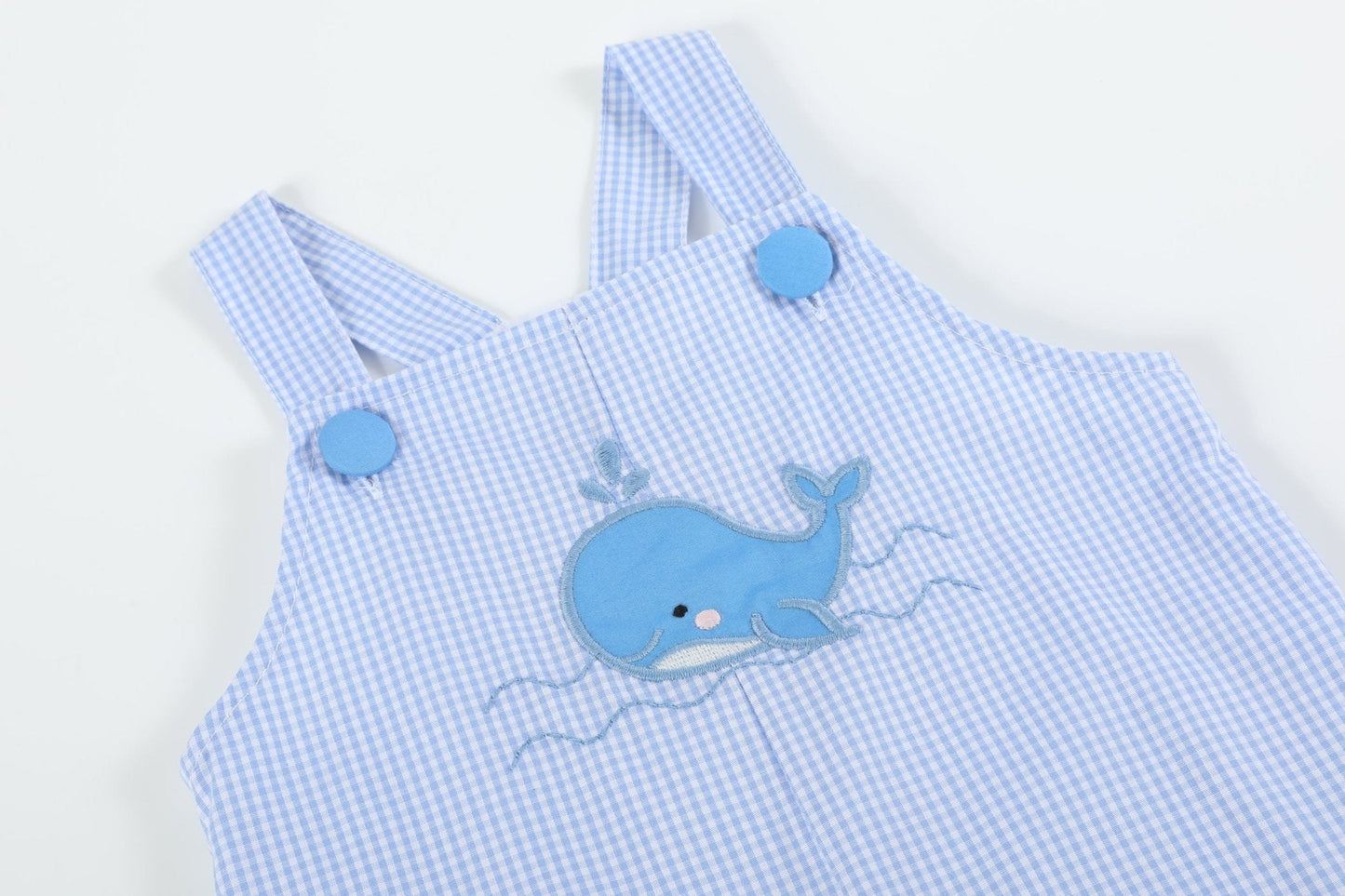Blue Gingham Whale Overall Shortalls