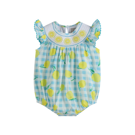 Blue Lemons Smocked Flutter-Sleeve Bubble Romper