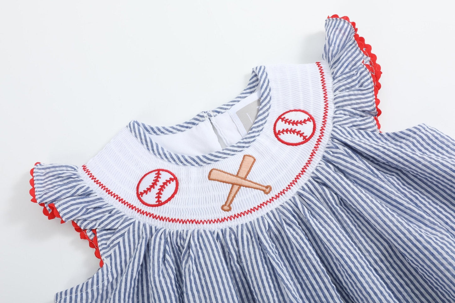 Blue Seersucker Baseball Smocked Bishop Dress