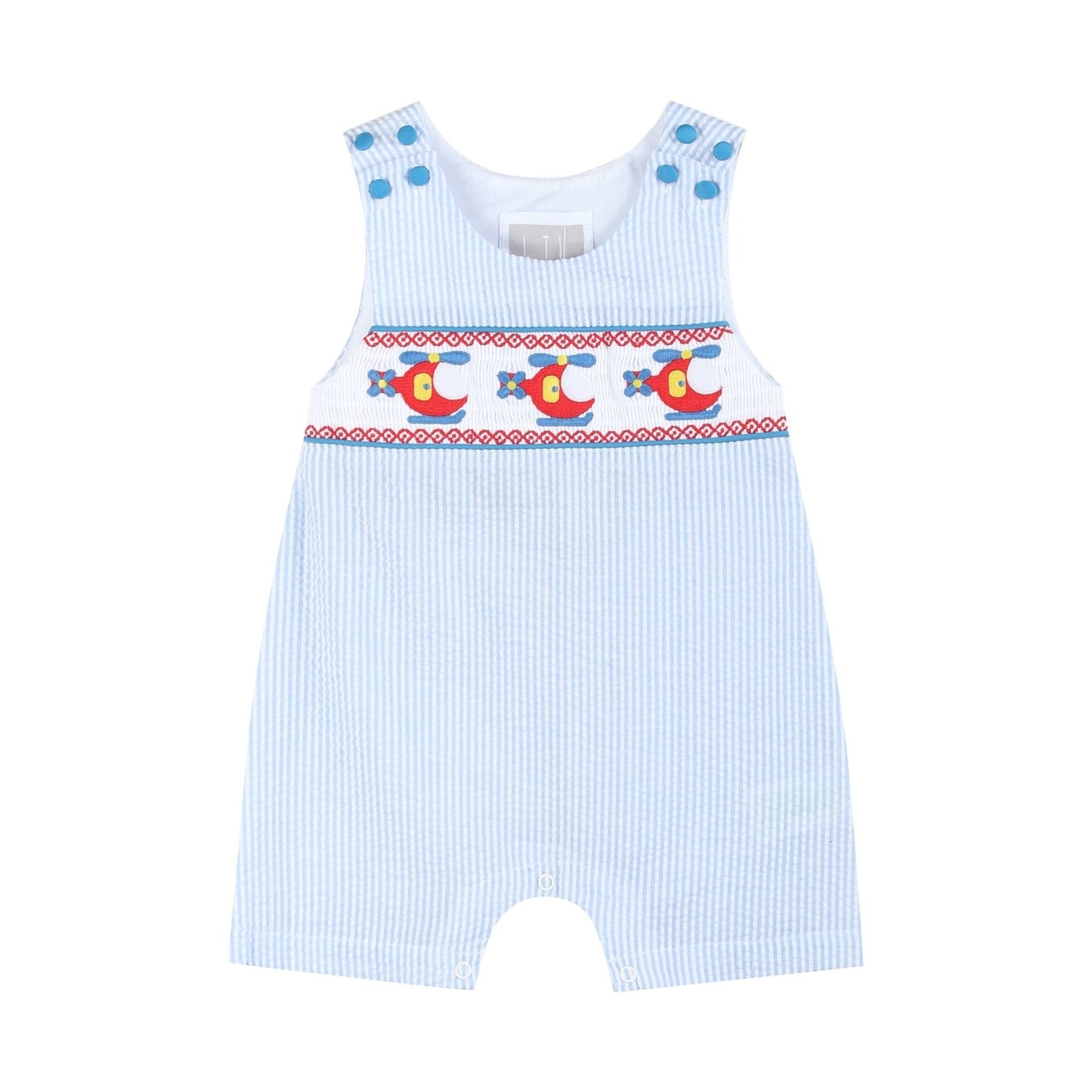 Blue Seersucker Helicopter Smocked Shortalls